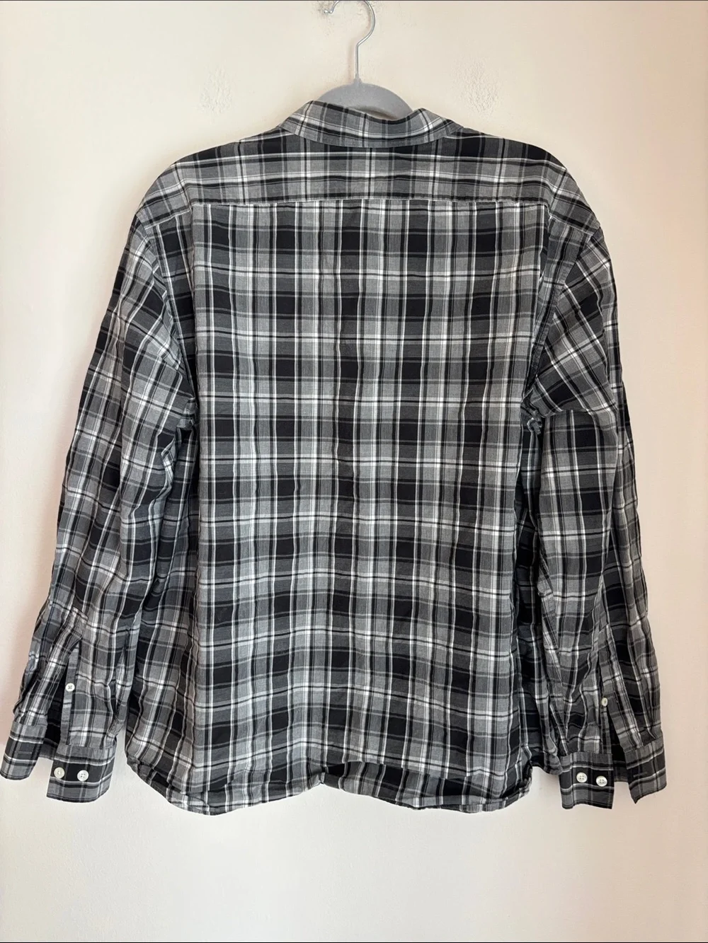 Banana Republic cotton men’s plaid black gray neutral button down shirt XL EUC